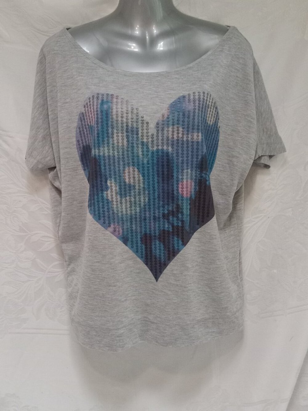 Aeropostale Slouch L Sequin Blue Heart Short Sleeve Gray Top T-shirt Y2K Indie